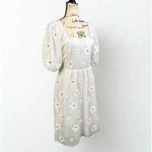 Polagram Smocked Midi Dress White Floral Embroidered Puff Sleeve PSD4104 Medium